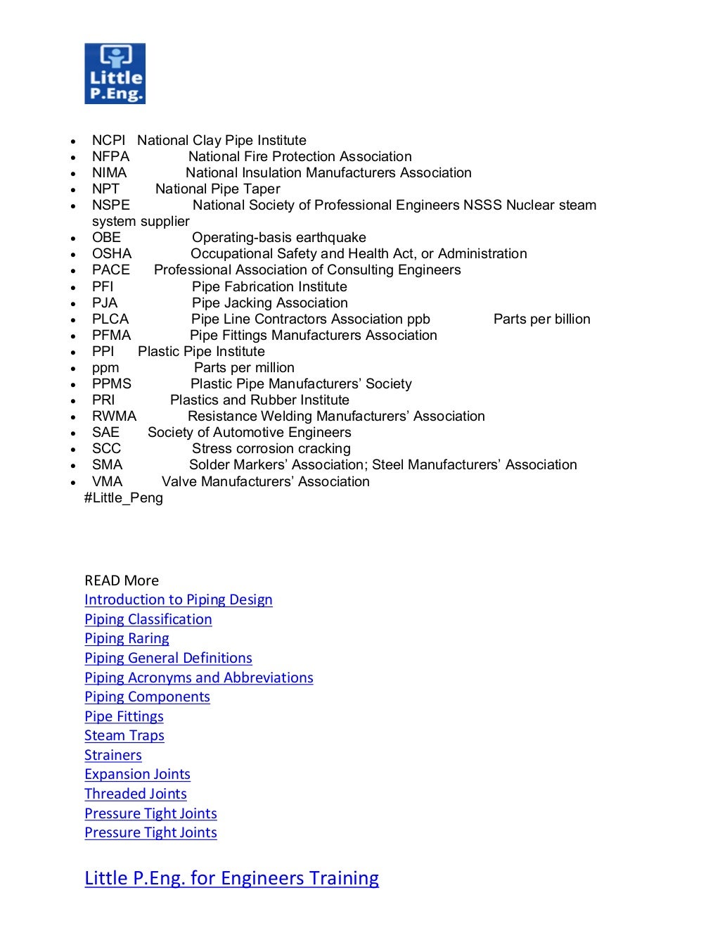 Piping acronyms and abbreviations