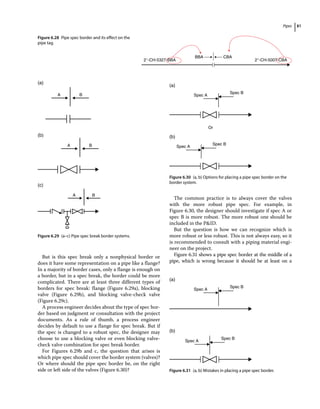 Pipes 81
But is this spec break only a nonphysical border or
does it have some representation on a pipe like a flange?
In a majority of border cases, only a flange is enough on
a border, but in a spec break, the border could be more
complicated. There are at least three different types of
borders for spec break: flange (Figure 6.29a), blocking
valve (Figure 6.29b), and blocking valve‐check valve
(Figure 6.29c).
A process engineer decides about the type of spec bor-
der based on judgment or consultation with the project
documents. As a rule of thumb, a process engineer
decides by default to use a flange for spec break. But if
the spec is changed to a robust spec, the designer may
choose to use a blocking valve or even blocking valve‐
check valve combination for spec break border.
For Figures 6.29b and c, the question that arises is
which pipe spec should cover the border system (valves)?
Or where should the pipe spec border be, on the right
side or left side of the valves (Figure 6.30)?
The common practice is to always cover the valves
with the more robust pipe spec. For example, in
Figure 6.30, the designer should investigate if spec A or
spec B is more robust. The more robust one should be
included in the PID.
But the question is how we can recognize which is
more robust or less robust. This is not always easy, so it
is recommended to consult with a piping material engi-
neer on the project.
Figure 6.31 shows a pipe spec border at the middle of a
pipe, which is wrong because it should be at least on a
2″-CH-5327-BBA
BBA CBA
2″-CH-5007-CBA
Figure 6.28 Pipe spec border and its effect on the
pipe tag.
A B
(a)
(b)
(c)
A B
A B
Figure 6.29 (a–c) Pipe spec break border systems.
Spec A
Spec B
Spec A
Spec B
(b)
(a)
Or
Figure 6.30 (a, b) Options for placing a pipe spec border on the
border system.
Spec A
Spec B
Spec A
Spec B
(b)
(a)
Figure 6.31 (a, b) Mistakes in placing a pipe spec border.
 