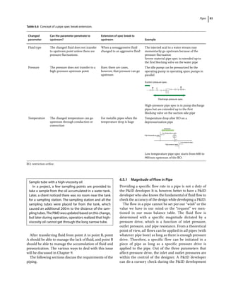 Pipes 83
After transferring fluid from point A to point B, point
A should be able to manage the lack of fluid, and point B
should be able to manage the accumulation of fluid and
pressurization. The various ways to deal with this issue
will be discussed in Chapter 9.
The following sections discuss the requirements of the
piping.
6.5.1 Magnitude of Flow in Pipe
Providing a specific flow rate in a pipe is not a duty of
the PID developer. It is, however, better to have a PID
developer who also knows the fundamental of fluid flow to
check the accuracy of the design while developing a PID.
The flow in a pipe cannot be set per our “wish” or the
value we have in our mind or the “request” we men-
tioned in our mass balance table. The fluid flow is
determined with a specific magnitude dictated by a
pressure drive, which is a function of inlet pressure,
outlet pressure, and pipe resistance. From a theoretical
point of view, all flows can be applied in all pipes (with
whatever pipe bore) as long as there is enough pressure
drive. Therefore, a specific flow can be initiated in a
piece of pipe as long as a specific pressure drive is
applied to the pipe. Out of the three parameters that
affect pressure drive, the inlet and outlet pressures are
within the control of the designer. A PID developer
can do a cursory check during the PID development
Table 6.6 Concept of a pipe spec break extension.
Changed
parameter
Can the parameter penetrate to
upstream?
Extension of spec break to
upstream Example
Fluid type The changed fluid does not transfer
to upstream point unless there are
pressure fluctuations.
When a nonaggressive fluid
changed to an aggressive fluid
The injected acid to a water stream may
momentarily go upstream because of the
pressure fluctuation
Severe material pipe spec is extended up to
the first blocking valve on the water pipe
Pressure The pressure does not transfer to a
high‐pressure upstream point
Rare; there are cases,
however, that pressure can go
upstream
The idle pump can be pressurized by the
operating pump in operating spare pumps in
parallel
Suction pressure spec.
Discharge pressure spec.
High‐pressure pipe spec is in pump discharge
pipes but are extended up to the first
blocking valve on the suction side pipe
Temperature The changed temperature can go
upstream through conduction or
convection
For metallic pipes when the
temperature drop is huge
Temperature drop after RO on a
depressurization pipe
RO
21
Extension
Low temperature spec.
High temperature spec.
Low pressure spec.
High pressure spec.
Low temperature pipe spec starts from 600 to
900mm upstream of the RO.
RO, restriction orifice.
Sample tube with a high‐viscosity oil
In a project, a few sampling points are provided to
take a sample from the oil accumulated in a water tank.
Later, a client noticed there was no room near the tank
for a sampling station. The sampling station and all the
sampling tubes were placed far from the tank, which
caused an additional 200m to the distance of the sam-
pling tubes.The PID was updated based on this change,
but later during operation, operators realized that high‐
viscosity oil cannot get through the long narrow tube.
 