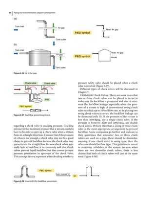 Piping and Instrumentation Diagram Development
86
regarding a check valve is cracking pressure. Cracking
pressure is the minimum pressure that a stream needs to
have to be able to open up a check valve when a stream
flows in a straight direction. It means that if the pressure
of a flow is low enough, a check valve may not be a good
choice to prevent backflow because the check valve may
prevent even the straight flow. Because check valves gen-
erally leak at backflow, it is commonly said that check
valves prevent liquid backflow, but they cannot prevent
pressure penetration to upstream of the check valve.
This concept is very important when deciding whether a
pressure safety valve should be placed when a check
valve is involved (Figure 6.39).
Different types of check valves will be discussed in
Chapter 7.
#4 Multiple Check Valves: There are some cases that
two or three check valves can be placed in series to
make sure the backflow is prevented and also to mini-
mize the backflow leakage especially when the pres-
sure of a stream is high. A conventional swing check
valve may leak up to 10% of flow rate, so by placing two
swing check valves in series, the backflow leakage can
be decreased only 1%. If the pressure of the stream is
less than 3000 kpag, use a single check valve. If the
pressure is between 3000 and 7000 kpag, use double
check valves. If more than that, a swing of three check
valve is the most appropriate arrangement to prevent
backflow. Some companies go further and indicate in
their guidelines that whenever two or three check
valves are used on a pipe, these should be dissimilar,
meaning if one check valve is swing type, then the
other one should be flow type. This guideline is meant
to maximize reliability of the system because when
there are two dissimilar check valves, there is less
chance that both of check valves will jam at the same
time (Figure 6.40).
Check valve Check valve
PSV
PID symbol
Figure 6.37 Backflow preventing device.
PID symbol
Or
Note: Inverted “U”
Figure 6.38 Inverted U for backflow prevention.
Tank inlet
(a)
(b)
Tank inlet
Air gap
Air gap
Tank outlet
Tank outlet
PID symbol
PID symbol
Note: Air gap
Note: Air gap
Figure 6.36 (a, b) Air gap.
 