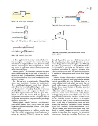 Pipes 93
In these applications, steam traps are installed on ver-
tical short pieces of trim pipe known as a steam trap
installation on “drip legs.” Steam traps, however, can be
installed on main pipes. The arrangement of a steam
trap in such an application is more complicated than the
steam trap on a drip leg.
Steam traps need a strainer on the upstream to protect
them from jamming (will be discussed in more detail in
the next section). Drip legs already have a mud column
on their bottom and the steam traps installed on them do
not need a strainer.
They also may need an isolation valve (Chapter 7) for
steam trap inspection, cleaning, or maintenance.
However, adding a bypass pipe loop is always debatable
and will need to be considered fully (Figure 6.62).
In the absence of a steam trap, the isolation valves are
closed and the bypass valve is open, and then the two‐
phase flow bypasses the steam trap and goes down-
stream. It should be ensured that the piping and
equipment in downstream does not damage the pipes or
equipment. In many cases, companies forbid providing a
bypass for steam traps.
Steam traps are a compact version of a two‐phase sep-
arator, which does not need a control system and it only
works on condensate two‐phase streams. This is shown
in Figure 6.63.
Usage of slug catchers can be explained with the same
logic. Slug catchers are a common piece of equipment in
natural gas pipelines. Within the natural gas transfer
through the pipeline, some less volatile components of
the natural gas turn into liquid. Therefore, at some
points, the pipeline may have a two‐phase flow. Although
the natural gas pipeline may be designed to handle the
two‐phase flow of gas–liquid, this not the case for the
equipment downstream of a pipeline. Therefore, there
could be a slug catcher at the end of natural gas pipeline
to remove the liquid portion of the stream from the gas
portion.
The next solution is directing the created liquid phase
to more tolerant system. A liquid phase together with gas
phase is not good for pipes, but the liquid phase can be
redirected to a liquid tank, which is a system that can
handle (and is designed to contain) liquid. In Figure 6.64,
the pipe sloped toward the tank to direct the generated
liquid back to the tank.
The other solution is to ignore it. With this solution
whenever a branch is used from a steam header, the con-
necting point is put on the top of the header to make sure
the generated condensation is not drawn from the header
and the user only receives the steam. The example is
when branches hook up on a flare header or branches
from a bit wet plant air. Generally, the connection point
between the branches of the header is on the top of the
header. Only a note can capture this point on the PID.
In such cases, using some fitting in the pipe route
should be avoided. For example, concentric reducers are
harmful in two‐phase flow streams. The concentric
reducers may change the two‐phase flow from a less
Steam
+Condensate Steam
T
Figure 6.60 Steam trap in steam pipes.
General type T
Thermodynamic type
Inverted bucket type
Figure 6.61 PID symbols for different types of steam traps.
T
NC
? ? ? ?
Figure 6.62 Bypass for steam traps.
Steam+Condensate
T
Condensate
Steam
Figure 6.63 Steam trap function concept.
Figure 6.64 Sloped pipe to direct the liquid phase to more
tolerant system.
 