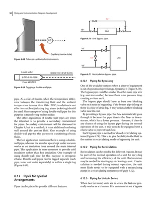 Piping and Instrumentation Diagram Development
96
pipe. As a rule of thumb, when the temperature differ-
ence between the transferring fluid and the ambient
temperature is more than 100–150°C, insulation is not
effective and heat jacketing (e.g. steam jacketing) should
be used. One example of using double‐wall pipe for this
purpose is transferring molten sulfur.
The other application of double‐wall pipes are when
the intention is to provide a secondary containment
for pipes. Secondary containment will be discussed in
Chapter 9, but in a nutshell, it is an additional enclosing
wall around the process fluid. One example of using
­
double‐wall pipe for this purpose is transferring of toxic
fluids.
The last application mentioned here is using a double‐
wall pipe, whereas the annular space kept under vacuum
works as an insulation layer around the main internal
pipe. This application is more common to provide cold
insulation rather than hot insulation. One example of
using double‐wall pipe for this purpose is cryogenic
ethane. Double‐wall pipes can be tagged separate (each
pipe, inner and outer separately) or within a single tag
(Figure 6.69).
6.12 ­Pipes for Special
Arrangements
Pipes can be placed to provide different features.
6.12.1 Piping for Bypassing
One of the available options when a piece of equipment
isoutofoperationisprovidingabypassforit(Figure6.70).
The bypass pipe could be smaller than the main pipe size
(e.g. one size smaller) because there is no pressure drop
creating an item on it.
The bypass pipe should have at least one blocking
valve on it near its beginning. If the bypass pipe is long or
there is a fear of dead leg, it may need another blocking
valve near its end.
By providing a bypass pipe, the flow automatically goes
through it because the pipe directs the flow to down-
stream, which has a lower pressure. However, if there is
any chance of using the bypass pipe during the normal
operation of the unit, it may need to be equipped with a
check valve to prevent backflow.
Such bypass pipe is needed for closed recirculating sys-
tems (Figure 6.71). This is to give flexibility to the fluid to
the system in recirculating mode or bypassing the unit.
6.12.2 Piping for Recirculation
Recirculation can be needed for different reasons. It may
be part of the normal operation of a unit for recycling
and increasing the efficiency of the unit. Recirculation
may be needed for starting up or cleaning a unit. If recir-
culation is needed during normal operation, the unit
most likely needs to be equipped with a recirculating
pump or a recirculating compressor (Figure 6.72).
6.12.3 Piping for Units in Series
When two (or more) units are in series, the last one gen-
erally works as a trimmer. It is common to see a bypass
LIT
Capillary (narrow tube)
Figure 6.68 Tubes or capillaries for instruments.
Liquid sulfur
From MELTER
5-PID-5.00-1256
S-023-11341-6”x8”-lh-STJ
Figure 6.69 Tagging a double‐wall pipe.
16″
14″
Unit
Figure 6.70 Unit bypass pipe.
16″
16″
14″ Unit
Figure 6.71 Recirculation bypass pipe.
 