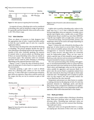Piping and Instrumentation Diagram Development
108
Throttling Blocking
Butterfly Ball Plug Gate
Globe
needle
Characterized ball
characterized plug
Figure 7.3 Valve spectrum regarding their functionality.
In majority of cases, a blocking valve can be considered
a throttling valve only by limiting its range of operation.
It is generally said that butterfly valves work well as valve
in 30–70% of their range.
7.4.2 Valve Selection
There are plenty of resources to help designers find
the appropriate type of valve. A quick‐and‐dirty outline
to find the most suitable type of valve for a specific
­application follows.
The first step is deciding if the valve should be blocking
or throttling. The process designer decides the type of
valve (blocking or throttling) based on the expected func­
tionality of the valve. Generally speaking, the majority
of manual valves in process plants are blocking types.
If there are manual throttling valves, they are mainly on
non‐primary pipes. The automatic valves (or remotely
operated valves) could be either blocking or throttling
depending on the expected function of the valve.
Figures 7.4 and 7.5 show the rules of thumb for decid­
ing on the plug type of valves based on required size and
the environment.
Generally speaking, a gate valve is used as default
choice for a blocking valve, unless it is for very small
sizes (e.g. 3″) that a ball valve is used because miniature
gate valves are expensive. Plug valves could be used in all
the ranges, but they are not as common as gate or ball
valves.
A globe valve is used for a throttling valve, unless it is for
large sizes (e.g. 4″ or 6″) that a butterfly valve is used
because large globe valves are expensive. In smaller sizes a
specific type of globe valve, a needle valve, is used. When
a high pressure drop is needed (e.g. more than 1000KPa),
a specific type of globe valve, an angle valve, can be used.
Characterized plugs, characterized balls, pinches, and
diaphragm valves can be used in all ranges depending on
service and availability.
Figure 7.5 shows the rule of thumb for deciding on the
plug type of valves based on service fluid. There are a
wide variety of available options when the service fluid is
nonaggressive or “innocent.” Butterfly valves are com­
mon in water services, and plug valves are commonly
used for hydrocarbon gases. There are two cases in
which a specific type of valve should be used: aggressive
fluid (e.g. acids, slurries) and uncontaminated fluids (e.g.
streams intended for human consumption).
The most paramount thing when dealing with aggres­
sive or uncontaminated fluids is that no contact between
valve internals (valve trim) and the service fluid is allowed.
Pinch valves and diaphragm valves are the two types of
valves suitable for aggressive and innocent fluids. In a
pinch valve the service fluid is completely isolated from
the valve internals by directing it through an elastic pipe
inside the valve. The diaphragm valve is similar to a pinch
valve (in this respect), but only partially isolates the
service fluid from the valve internals.
Temperature and pressure are other factors to consider
in making a decision on the plug type of valve. If a valve has
polymeric elements (i.e. diaphragm, pinch, and sleeved
plug valves), it has a temperature limitation on its applica­
tion. Deciding which valve to use is dependent on the valve
operators, which will be discussed later in this chapter.
7.4.3 Multi‐port Valves
Multi‐port valves could be either a blocking or throttling
type. Multi‐port blocking valves are better known as
diverting valves. Throttling‐type multi‐port valves are
also available, but they are less common than blocking‐
type multi‐port valves.
Multi‐port valves are not generally listed in a compa­
ny’s piping spec document. If this is the case, it should
Blocking valves
Ball Gate
Plug
3″
Needle
Globe
Butterfly
Plug Ball
Pinch Diaphragm
3″ 6″
Throttling valves
Figure 7.4 Rule of thumb for valve selection based on
functionality and size.
Innocent fluid Aggressive fluid
Gate Globe Butterfly Ball Plug
Water Hydrocarbon gas
Pinch
diaphragm
To-be-pampered fluid
Figure 7.5 Rule of thumb for valve selection based on
environment.
 