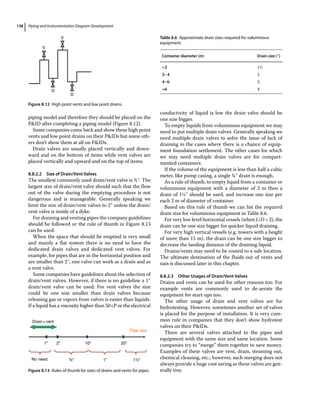 Piping and Instrumentation Diagram Development
138
piping model and therefore they should be placed on the
PID after completing a piping model (Figure 8.12).
Some companies come back and show these high point
vents and low point drains on their PIDs but some oth-
ers don’t show them at all on PIDs.
Drain valves are usually placed vertically and down-
ward and on the bottom of items while vent valves are
placed vertically and upward and on the top of items.
8.8.2.2 Size of Drain/Vent Valves
The smallest commonly used drain/vent valve is ¾″. The
largest size of drain/vent valve should such that the flow
out of the valve during the emptying procedure is not
dangerous and is manageable. Generally speaking we
limit the size of drain/vent valves to 2″ unless the drain/
vent valve is inside of a dyke.
For draining and venting pipes the company guidelines
should be followed or the rule of thumb in Figure 8.13
can be used.
When the space that should be emptied is very small
and mainly a flat system there is no need to have the
­
dedicated drain valves and dedicated vent valves. For
example, for pipes that are in the horizontal position and
are smaller than 2″, one valve can work as a drain and as
a vent valve.
Some companies have guidelines about the selection of
drain/vent valves. However, if there is no guideline a 1″
drain/vent valve can be used. For vent valves the size
could be one size smaller than drain valves because
releasing gas or vapors from valves is easier than liquids.
If a liquid has a viscosity higher than 50 cP or the electrical
conductivity of liquid is low the drain valve should be
one size bigger.
To empty liquids from voluminous equipment we may
need to put multiple drain valves. Generally speaking we
need multiple drain valves to solve the issue of lack of
draining in the cases where there is a chance of equip-
ment foundation settlement. The other cases for which
we may need multiple drain valves are for compart-
mented containers.
If the volume of the equipment is less than half a cubic
meter, like pump casing, a single ¾″ drain is enough.
As a rule of thumb, to empty liquid from a container or
voluminous equipment with a diameter of 2 m then a
drain of 1½″ should be used, and increase one size per
each 2 m of diameter of container.
Based on this rule of thumb we can list the required
drain size for voluminous equipment in Table 8.6.
For very low level horizontal vessels (when L/D  2), the
drain can be one size bigger for quicker liquid draining.
For very high vertical vessels (e.g. towers with a height
of more than 15 m), the drain can be one size bigger to
decrease the landing distance of the draining liquid.
Drains/vents may need to be routed to a safe location.
The ultimate destination of the fluids out of vents and
rain is discussed later in this chapter.
8.8.2.3 Other Usages of Drain/Vent Valves
Drains and vents can be used for other reasons too. For
example vents are commonly used to de‐aerate the
equipment for start‐ups too.
The other usage of drain and vent valves are for
hydrotesting. However, sometimes another set of valves
is placed for the purpose of installation. It is very com-
mon rule in companies that they don’t show hydrotest
valves on their PIDs.
There are several valves attached to the pipes and
equipment with the same size and same location. Some
companies try to “merge” them together to save money.
Examples of these valves are vent, drain, steaming out,
chemical cleaning, etc.; however, such merging does not
always provide a huge cost saving as these valves are gen-
erally tiny.
Drain=vent
Pipe size
No need
1 2 10 20
1
¾ 1½
Figure 8.13 Rules of thumb for sizes of drains and vents for pipes.
Table 8.6 Approximate drain sizes required for voluminous
equipment.
Container diameter (m) Drain size (″)
2 1½
2–4 2
4–6 3
6 4
D
D
V
V
Figure 8.12 High point vents and low point drains.
 