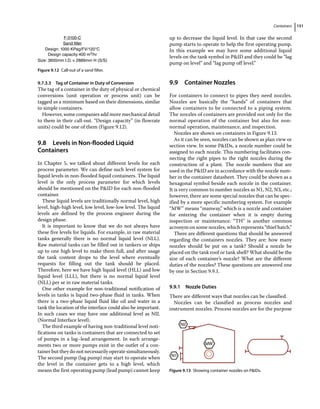 Containers 151
9.7.3.3 Tag of Container in Duty of Conversion
The tag of a container in the duty of physical or chemical
conversions (unit operation or process unit) can be
tagged as a minimum based on their dimensions, similar
to simple containers.
However, some companies add more mechanical detail
to them in their call‐out. “Design capacity” (in flowrate
units) could be one of them (Figure 9.12).
9.8 ­
Levels in Non‐flooded Liquid
Containers
In Chapter 5, we talked about different levels for each
process parameter. We can define such level system for
liquid levels in non‐flooded liquid containers. The liquid
level is the only process parameter for which levels
should be mentioned on the PID for each non‐flooded
container.
These liquid levels are traditionally normal level, high
level, high‐high level, low level, low‐low level. The liquid
levels are defined by the process engineer during the
design phase.
It is important to know that we do not always have
these five levels for liquids. For example, in raw material
tanks generally there is no normal liquid level (NLL).
Raw material tanks can be filled out in tankers or ships
up to one high level to make them full, and after usage
the tank content drops to the level where eventually
requests for filling out the tank should be placed.
Therefore, here we have high liquid level (HLL) and low
liquid level (LLL), but there is no normal liquid level
(NLL) per se in raw material tanks.
One other example for non‐traditional notification of
levels in tanks is liquid two-phase fluid in tanks. When
there is a two-phase liquid fluid like oil and water in a
tank the location of the interface could also be important.
In such cases we may have one additional level as NIL
(Normal Interface level).
The third example of having non‐traditional level noti-
fications on tanks is containers that are connected to set
of pumps in a lag–lead arrangement. In such arrange-
ments two or more pumps exist in the outlet of a con-
tainer but they do not necessarily operate simultaneously.
The second pump (lag pump) may start to operate when
the level in the container gets to a high level, which
means the first operating pump (lead pump) cannot keep
up to decrease the liquid level. In that case the second
pump starts to operate to help the first operating pump.
In this example we may have some additional liquid
levels on the tank symbol in PID and they could be “lag
pump on level” and “lag pump off level.”
9.9 ­Container Nozzles
For containers to connect to pipes they need nozzles.
Nozzles are basically the “hands” of containers that
allow containers to be connected to a piping system.
The nozzles of containers are provided not only for the
normal operation of the container but also for non‐
normal operation, maintenance, and inspection.
Nozzles are shown on containers in Figure 9.13.
As it can be seen, nozzles can be shown as plan view or
section view. In some PIDs, a nozzle number could be
assigned to each nozzle. This numbering facilitates con-
necting the right pipes to the right nozzles during the
construction of a plant. The nozzle numbers that are
used in the PID are in accordance with the nozzle num-
ber in the container datasheet. They could be shown as a
hexagonal symbol beside each nozzle in the container.
It is very common to number nozzles as N1, N2, N3, etc.;
however, there are some special nozzles that can be spec-
ified by a more specific numbering system. For example
“MW” means “manway,” which is a nozzle and container
for entering the container when it is empty during
inspection or maintenance. “TH” is another common
acronym on some nozzles, which represents “thief hatch.”
There are different questions that should be answered
regarding the containers nozzles. They are: how many
nozzles should be put on a tank? Should a nozzle be
placed on the tank roof or tank shell? What should be the
size of each container’s nozzle? What are the different
duties of the nozzles? These questions are answered one
by one in Section 9.9.1.
9.9.1 Nozzle Duties
There are different ways that nozzles can be classified.
Nozzles can be classified as process nozzles and
instrument nozzles. Process nozzles are for the purpose
F-3100-C
Design: 1000 KPag/FV/120°C
Design capacity:400 m3/hr
Size: 3600mm I.D. × 2889mm H (S/S)
Sand filter
Figure 9.12 Call‐out of a sand filter.
MW
N1
N2
Figure 9.13 Showing container nozzles on PIDs.
 