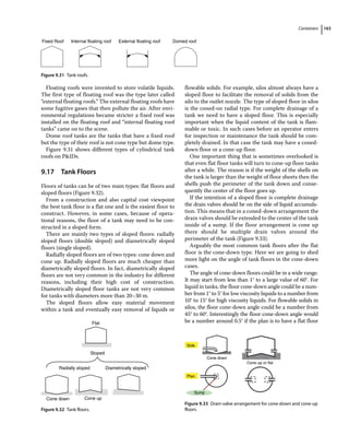 Containers 163
Floating roofs were invented to store volatile liquids.
The first type of floating roof was the type later called
“external floating roofs.” The external floating roofs have
some fugitive gases that then pollute the air. After envi-
ronmental regulations became stricter a fixed roof was
installed on the floating roof and “internal floating roof
tanks” came on to the scene.
Dome roof tanks are the tanks that have a fixed roof
but the type of their roof is not cone type but dome type.
Figure 9.31 shows different types of cylindrical tank
roofs on PIDs.
9.17 ­Tank Floors
Floors of tanks can be of two main types: flat floors and
sloped floors (Figure 9.32).
From a construction and also capital cost viewpoint
the best tank floor is a flat one and is the easiest floor to
construct. However, in some cases, because of opera-
tional reasons, the floor of a tank may need to be con-
structed in a sloped form.
There are mainly two types of sloped floors: radially
sloped floors (double sloped) and diametrically sloped
floors (single sloped).
Radially sloped floors are of two types: cone down and
cone up. Radially sloped floors are much cheaper than
diametrically sloped floors. In fact, diametrically sloped
floors are not very common in the industry for different
reasons, including their high cost of construction.
Diametrically sloped floor tanks are not very common
for tanks with diameters more than 20–30 m.
The sloped floors allow easy material movement
within a tank and eventually easy removal of liquids or
flowable solids. For example, silos almost always have a
sloped floor to facilitate the removal of solids from the
silo to the outlet nozzle. The type of sloped floor in silos
is the coned‐on radial type. For complete drainage of a
tank we need to have a sloped floor. This is especially
important when the liquid content of the tank is flam-
mable or toxic. In such cases before an operator enters
for inspection or maintenance the tank should be com-
pletely drained. In that case the tank may have a coned‐
down floor or a cone‐up floor.
One important thing that is sometimes overlooked is
that even flat floor tanks will turn to cone‐up floor tanks
after a while. The reason is if the weight of the shells on
the tank is larger than the weight of floor sheets then the
shells push the perimeter of the tank down and conse-
quently the center of the floor goes up.
If the intention of a sloped floor is complete drainage
the drain valves should be on the side of liquid accumula-
tion. This means that in a coned‐down arrangement the
drain valves should be extended to the center of the tank
inside of a sump. If the floor arrangement is cone up
there should be multiple drain valves around the
perimeter of the tank (Figure 9.33).
Arguably the most common tank floors after the flat
floor is the cone‐down type. Here we are going to shed
more light on the angle of tank floors in the cone‐down
cases.
The angle of cone‐down floors could be in a wide range.
It may start from less than 1° to a large value of 60°. For
liquid in tanks, the floor cone‐down angle could be a num-
ber from 1° to 5° for low viscosity liquids to a number from
10° to 15° for high viscosity liquids. For flowable solids in
silos, the floor cone‐down angle could be a number from
45° to 60°. Interestingly the floor cone‐down angle would
be a number around 0.5° if the plan is to have a flat floor
Fixed Roof Internal floating roof External floating roof Domed roof
Figure 9.31 Tank roofs.
Flat
Sloped
Radially sloped Diametrically sloped
Cone down Cone up
Figure 9.32 Tank floors.
Cone down
Cone up or flat
Side
Plan
Sump
Figure 9.33 Drain valve arrangement for cone‐down and cone‐up
floors.
 