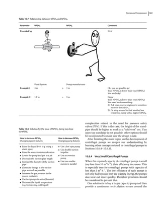 Pumps and Compressors 181
complexities related to the need for pressure safety
valves (PSV). If this is the case, the height of the stand-
pipe should be higher to work as a “cold vent” too. If an
open top standpipe is not possible, other options should
be incorporated to make sure the design is safe.
After finishing the main topics on the development of
centrifugal pumps we deepen our understanding by
learning other concepts related to centrifugal pumps in
Sections 10.6.4–10.6.11.
10.6.4 Very Small Centrifugal Pumps
When the required capacity of centrifugal pumps is small
(say less than 10 m3
h−1
), their efficiency decreases. This
is especially true for centrifugal pumps with capacity of
less than 5 m3
h−1
. The low efficiency of such pumps is
not only bad because they are wasting energy, the pumps
also wear out more quickly. Therefore provision should
be considered to prevent that.
One solution is to buy a larger capacity pump and then
provide a continuous recirculation stream around the
Table 10.7 Relationship between NPSHA and NPSHR.
Parameter NPSHA NPSHR Comment
Provided by
Pump
N/A
Plant/System Pump manufacturer
Example 1 3 m  2 m Ok, you are good to go!
Your NPSHR is lower than your NPSHA!
You are lucky!
Example 2 1.2 m  3 m Oops!
Your NPSHA is lower than your NPSHR!
You need to do something:
1) 
Ask your process engineer to somehow
increase the NPSHA
2) 
Or shop around to find another less
restrictive pump with a higher NPSHR
Table 10.8 Solution for the issue of NPSHA being too close
to NPSHR.
How to increase NPSHA
Changing system features
How to decrease NPSHR
Changing pump features
●
● Raise the liquid level (e.g. using a
stand pipe)
●
● Raise the source container elevation
●
● Lower the pump and put in a pit
●
● Decrease the suction pipe length
●
● Increase the diameter of the suction
pipe
●
● Eliminate fittings in the suction
pipe as much as possible
●
● Increase the gas pressure in the
source container
●
● Use two pumps in series (booster)
●
● Decrease the liquid temperature
(e.g. by injecting cold liquid)
●
● Use a low rpm pump
●
● Use double suction
impellor
●
● Use an oversize
pump
●
● Use two smaller
pumps in parallel
 