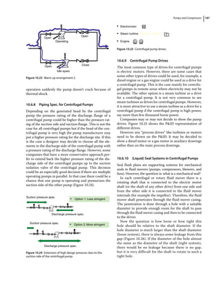 Pumps and Compressors 187
operation suddenly the pump doesn’t crack because of
thermal shock.
10.6.8 Piping Spec. for Centrifugal Pumps
Depending on the generated head by the centrifugal
pump the pressure rating of the discharge flange of a
centrifugal pump could be higher than the pressure rat-
ing of the suction side and suction flange. This is not the
case for all centrifugal pumps but if the head of the cen-
trifugal pump is very high the pump manufacturer may
put a higher pressure rating for the discharge site. If this
is the case a designer may decide to choose all the ele-
ments in the discharge side of the centrifugal pump with
a pressure rating of the discharge flange. However, some
companies that have a more conservative approach pre-
fer to extend back the higher pressure rating of the dis-
charge side of the centrifugal pumps up to the suction
isolation valve of the centrifugal pump. This decision
could be an especially good decision if there are multiple
operating pumps in parallel. In that case there could be a
chance that one pump is operating and pressurizes the
suction side of the other pump (Figure 10.24).
10.6.9 Centrifugal Pump Drives
The most common type of drives for centrifugal pumps
is electric motors. However, there are some cases that
some other types of drives could be used, for example, a
diesel engine or a gas engine could be used as a drive for
a centrifugal pump. This is the case mainly for centrifu-
gal pumps in remote areas where electricity may not be
available. The other option is a steam turbine as a drive
for a centrifugal pump. It is not very common to see
steam turbines as drives for centrifugal pumps. However,
it is more attractive to use a steam turbine as a drive for a
centrifugal pump if the centrifugal pump is high power,
say more than few thousand horse power.
Companies may or may not decide to show the pump
drives. Figure 10.25 shows the PID representation of
different drives.
However any “process drives” like turbines or motors
need to be shown on the PID. It may be decided to
show a diesel motor or a gas motor in auxiliary drawings
rather than on the main process drawings.
10.6.10 (Liquid) Seal Systems in Centrifugal Pumps
Seal flush plans are supporting systems for mechanical
seals in fluid movers (pumps, compressors, blowers, and
fans). However, the question is: what is a mechanical seal?
In each centrifugal or rotary fluid mover there is a
rotating shaft that is connected to the electric motor
shaft (or the shaft of any other drive) from one side and
from the other side it is connected to the fluid mover
internals (for example the impellor). Therefore, the fluid
mover shaft penetrates through the fluid mover casing.
The penetration is done through a hole with a suitable
diameter to provide enough room for the shaft to pass
through the fluid mover casing and then to be connected
to the driver.
Now the question is how loose or how tight this
hole should be relative to the shaft diameter. If the
hole diameter is much larger than the shaft diameter
(loose system), there is always some leakage from this
gap (Figure 10.26). If the diameter of the hole almost
the same as the diameter of the shaft (tight system),
there would be no leakage because there is no gap,
but it is very difficult for the shaft to rotate in such a
tight hole.
Close
Open
Idle spare
Open
Open
Operating
Figure 10.23 Warm up arrangement 2.
Option 1: Less stringent
Option 2: More stringent
Suction pressure spec.
Discharge pressure spec.
Discharge pressure spec.
Suction pressure spec
Figure 10.24 Extension of high design pressure class to the
suction side of the centrifugal pump.
Electromotor
Steam turbine
M
D G
T
(for hp  100?)
Engine
Figure 10.25 Centrifugal pump drives.
 