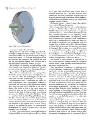 Piping and Instrumentation Diagram Development
188
How can we resolve this problem?
The problem used to be resolved by application of a
stuffing box and gland. In that solution, a small space is
provided around the hole and donut shaped “packing” is
placed inside of that. The packing in the first generations
of stuffing box was a ribbon of felt. Therefore, felt from
one side prevented the leakage from the other side; it
provided enough freedom for the shaft to rotate.
The problem with a stuffing box and packing is that
there is usually some leakage from the system. The other
problem is that it needs frequent checking and inspec-
tion to make sure the packing is healthy.
This solution is still available for some pumps where
the rotation speed of the shaft is not very high or the ser-
vice is not very critical. It is interesting to know that valve
stems are still handled by stuffing box and packing.
The second solution is a “mechanical seal” which is a
more robust system. From a very simplistic viewpoint, a
mechanical seal is two blocks of graphite sliding on each
other. Both of these blocks could be in the form of
donuts. One donut is fixed in the pump casing and
around the hole and the second block of graphite is
attached to the shaft at the penetration point. During
operation of a fluid mover, these two blocks are sliding
on each other. The features of the graphite blocks are: (i)
they have very smooth surfaces and (ii) they inherently
have some lubricity features because of the nature of
graphite. Therefore, on the one hand, because of the very
low roughness of the graphite blocks surfaces, there is
almost no leakage from the system. On the other hand,
because of the oily feature of graphite blocks, the shaft
can easily rotate in the hole.
In reality, a mechanical seal is more complicated than
the above and has several other elements. The two sliding
blocks plus other mechanical parts around them is
named a mechanical seal. These days, there are more
complicated mechanical seals that are constructed of
different materials and sometimes graphite blocks are
replaced by ceramic blocks, however, the fundamental
operation remains the same.
Mechanical seals are a very critical part of every fluid
mover and need frequent inspection.
However, a mechanical seal is not something that can
be seen on a PID so why should we care about that in
PID development? Even though there is no footprint of
a mechanical seal on a PID each mechanical seal should
have a supporting system and the supporting system
should be shown on the PID. The supporting system
for a mechanical seal is a system to flush, cool down the
sliding blocks, and also lubricate those parts. Basically,
the problems associated with mechanical seals are
because there are sliding blocks, there is heat generation
in sliding block surfaces, and this generated heat should
be dissipated. By providing some sort of lubrication,
the generated heat can be decreased. The supporting
system that provides sealing, cooling, and lubrication
for a mechanical seal is named a “seal flush plan.” There
are plenty of different arrangements to provide cooling,
flushing, and lubrication for mechanical seals.
The concept of sealing systems is applicable for all
fluid movers. However, here we continue our discussion
only for pumps. More discussion on sealing systems of
gas movers is in Section 10.8.
There are different arrangements for sealing systems
of pumps, which are standardized for the sake of decreas-
ing the price and also facilitating fabrication and inspec-
tion. There is a standard generated by the American
Petroleum Institute under the name of API‐682 that
introduced more than 30 different plans as supporting
systems for mechanical seals. Usually, the mechanical
engineer in each project decides on the selected type of
seal flush plan based on standard plans stated in stand-
ards or a combination of a few of them, or even totally
non‐standard arrangements. Deciding on a specific
mechanical seal flush plan is done through the flow chart
that is provided in the standard. In standard API‐682
each seal flush plan is specified by a number. Therefore,
the seal flush plan could be introduced by seal flush plan
number 13 or seal flush plan number 15 by referring to
that specific standard.
Each seal flush plan needs a stream of fluid for the
purpose of cooling, flushing, and lubrication. This flow
stream can be provided from the process fluid, “the fluid
that is being pumped,” or from an external source. The
external source fluid can be plant water or some other type
of fluid. The final destination of each flushing/cooling/
lubricating fluid could be the process fluid or other
destinations. To make sure that we have enough flow of
Figure 10.26 Loose shaft casing touch.
 