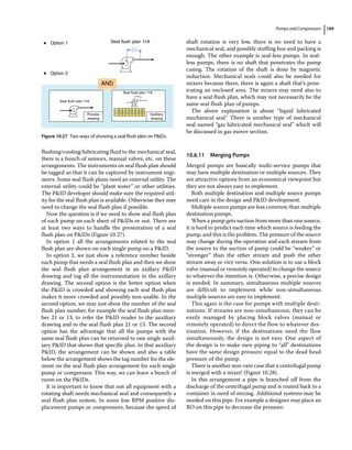 Pumps and Compressors 189
flushing/cooling/lubricating fluid to the mechanical seal,
there is a bunch of sensors, manual valves, etc. on these
arrangements. The instruments on seal flush plan should
be tagged so that it can be captured by instrument engi-
neers. Some seal flush plans need an external utility. The
external utility could be “plant water” or other utilities.
The PID developer should make sure the required util-
ity for the seal flush plan is available. Otherwise they may
need to change the seal flush plan if possible.
Now the question is if we need to show seal flush plan
of each pump on each sheet of PIDs or not. There are
at least two ways to handle the presentation of a seal
flush plan on PIDs (Figure 10.27).
In option 1 all the arrangements related to the seal
flush plan are shown on each single pump on a PID.
In option 2, we just show a reference number beside
each pump that needs a seal flush plan and then we show
the seal flush plan arrangement in an axillary PID
drawing and tag all the instrumentation in the axillary
drawing. The second option is the better option when
the PID is crowded and showing each seal flush plan
makes it more crowded and possibly non‐usable. In the
second option, we may just show the number of the seal
flush plan number, for example the seal flush plan num-
ber 21 or 13, to refer the PID reader to the auxiliary
drawing and to the seal flush plan 21 or 13. The second
option has the advantage that all the pumps with the
same seal flush plan can be returned to one single auxil-
iary PID that shows that specific plan. In that auxiliary
PID, the arrangement can be shown and also a table
below the arrangement shows the tag number for the ele-
ment on the seal flush plan arrangement for each single
pump or compressor. This way, we can leave a bunch of
room on the PIDs.
It is important to know that not all equipment with a
rotating shaft needs mechanical seal and consequently a
seal flush plan system. In some low RPM positive dis-
placement pumps or compressors, because the speed of
shaft rotation is very low, there is no need to have a
mechanical seal, and possibly stuffing box and packing is
enough. The other example is seal‐less pumps. In seal‐
less pumps, there is no shaft that penetrates the pump
casing. The rotation of the shaft is done by magnetic
induction. Mechanical seals could also be needed for
mixers because there, there is again a shaft that’s pene-
trating an enclosed area. The mixers may need also to
have a seal flush plan, which may not necessarily be the
same seal flush plan of pumps.
The above explanation is about “liquid lubricated
mechanical seal.” There is another type of mechanical
seal named “gas lubricated mechanical seal” which will
be discussed in gas mover section.
10.6.11 Merging Pumps
Merged pumps are basically multi‐service pumps that
may have multiple destination or multiple sources. They
are attractive options from an economical viewpoint but
they are not always easy to implement.
Both multiple destination and multiple source pumps
need care in the design and PID development.
Multiple source pumps are less common than multiple
destination pumps.
When a pump gets suction from more than one source,
it is hard to predict each time which source is feeding the
pump, and this is the problem. The pressure of the source
may change during the operation and each stream from
the source to the suction of pump could be “weaker” or
“stronger” than the other stream and push the other
stream away or vice versa. One solution is to use a block
valve (manual or remotely operated) to change the source
to whatever the intention is. Otherwise, a precise design
is needed. In summary, simultaneous multiple sources
are difficult to implement while non‐simultaneous
multiple sources are easy to implement.
This again is the case for pumps with multiple desti-
nations. If streams are non‐simultaneous, they can be
easily managed by placing block valves (manual or
remotely operated) to direct the flow to whatever des-
tination. However, if the destinations need the flow
simultaneously, the design is not easy. One aspect of
the design is to make sure piping to “all” destinations
have the same design pressure equal to the dead head
pressure of the pump.
There is another non‐rare case that a centrifugal pump
is merged with a mixer! (Figure 10.28).
In this arrangement a pipe is branched off from the
discharge of the centrifugal pump and is routed back to a
container in need of mixing. Additional systems may be
needed on this pipe. For example a designer may place an
RO on this pipe to decrease the pressure.
Option 1
Option 2
Auxiliary
drawing
Process
drawing
Seal flush plan 11A
AND
Seal flush plan 11A
Seal flush plan 11A
Figure 10.27 Two ways of showing a seal flush plan on PIDs.
 
