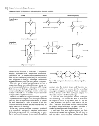 Piping and Instrumentation Diagram Development
208
selected by the designer. In such cases a “rough tem-
perature adjustment–trim temperature adjustment”
could do the job. The rough temperature adjustment is
done in a process heat exchanger and the trim temper-
ature adjustment is done by a utility heat exchanger in
series and downstream of the process heat exchanger.
The other use of series heat exchangers is when a
temperature change is needed and there are several pro-
cess streams available but none of them can solely change
the temperature to the target temperature. In such cases
several heat exchangers may be put in series so that each
of them works with one of available process streams to
finally reach the target temperature.
The third use of heat exchangers in series is to provide
a large temperature change in a heat exchanger. Generally
speaking, when a large temperature change is needed
(say more than 150°C) it cannot be handled by one heat
exchanger therefore several heat exchangers could be
placed in a series arrangement.
In the cases where several heat exchangers are placed
in series, and they are in series regarding both streams
(full series arrangement), it is very important to know
that it is always the coldest stream that is brought in
contact with the hottest stream and therefore the
arrangement of the two streams in the series heat
exchangers are against each other. This is to maximize
the heat transfer of the heat exchangers. Figure 11.7
shows this concept with PFD symbology.
In some full series arrangements the heat exchangers
are stacked up. This means that two or more heat
exchangers are placed on top of each other in a way that
a stack is created. This practice saves some of the plot
plan. This could be the case mainly where the heat
exchangers are the same size. The PID schematic of
stacked heat exchangers is shown in Figure 11.8.
In such cases there is no need to put vent and drain
valves on each single heat exchanger. We only need to
put vent valves on the top heat exchanger and drain
Table 11.7 Different arrangements of heat exchangers in series and in parallel.
Parallel Series Mixed arrangement
Regarding one
stream
Partial parallel arrangement
Partial series arrangement
Regarding
both streams
Full parallel arrangement
Full series arrangement
Figure 11.7 Arrangement of a series heat exchanger regarding
both streams.
 