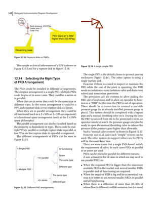 Piping and Instrumentation Diagram Development
228
The sample technical information of a PSV is shown in
Figure 12.13 and for a rupture disk in Figure 12.14.
12.14 ­Selecting the Right Type
of PRD Arrangement
The PSDs could be installed in different arrangements.
The simplest arrangement is a single PSD. Multiple PSDs
could be placed in some cases. They could be is series or
in parallel.
When they are in series they could be the same type or
different types. In the series arrangement it could be a
PSV and a rupture disk or two rupture disks in series.
When they are in parallel arrangement they could be
all functional (such as a 2×50% or 3×33% arrangement)
or a functional‐spare arrangement (such as the 2×100%
spare philosophy).
The parallel arrangement can also be classified based on
the similarity or dissimilarity in types. There could be mul-
tiple PSVs in parallel, or multiple rupture disks in parallel, or
few PSVs and few rupture disks in a parallel arrangement.
The different arrangements of PRDs can be seen in
Figure 12.15.
The single PSV is the default choice to protect process
enclosures (Figure 12.16). The other option is using a
single rupture disk.
However if there is a need to inspect or maintain the
PRD while the rest of the plant is operating, the PRD
needs an isolation system (isolation valve and drain/vent
valves) and some other provisions.
The provisions are the systems to allow pulling the
PRD out of operation and to allow an operator to func-
tion as a “PRD” for the time the PRD is out of operation.
There should be a connection to connect a portable
pressure gauge (or an already installed pressure gauge in
place). This system should be completed with a bypass
pipe and a manual throttling valve on it. During the time
the PRD is isolated from the to‐be‐protected system, an
operator needs to watch the pressure gauge and also be
ready to open the manual throttling valve to release the
pressure if the pressure goes higher than allowable.
Such a “manual safety system” is shown in Figure 12.17.
However not in all cases such “simple” system can be
used. The other systems to support inline care for PRD’s
will be discussed later here.
There are some cases that a single PSD doesn’t satisfy
the requirement of safety. In such cases PSDs in parallel
or in series are used.
PSDs can be placed in parallel for different reasons.
A non‐exhaustive list of cases in which we may need to
use parallel PRD’s is:
●
● When the required PRD is bigger than the maximum
available PRD in the market and several smaller PRDs
in parallel and all functioning are required.
●
● When the required PRD is big and for economical rea-
sons it is better to use several smaller PRDs in parallel
and all functioning.
●
● When there is a difference of more than 20–30% of
release flow in different credible scenarios, two (or more)
PSE
1234
Governing case
PSV pops at “a little”
higher than 200KPag
Burst pressure: 200KPag
Holder size: 2”
Case: Fire
Figure 12.14 Rupture disks on PIDs.
• Single PSD
• Multiple PSD
• In parallel
All functioning
Spare
The same type
Different type
The same type
Different type
• In series
Figure 12.15 Different PRD arrangements.
Figure 12.16 A single simple PRD.
 