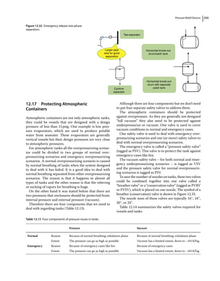 Pressure Relief Devices 235
12.17 ­Protecting Atmospheric
Containers
Atmospheric containers are not only atmospheric tanks,
they could be vessels that are designed with a design
pressure of less than 15psig. One example is low pres-
sure evaporators, which are used to produce potable
water from seawater. These evaporators are generally
vertical vessels but their design pressures are very close
to atmospheric pressures.
For atmospheric tanks all the overpressurizing scenar-
ios could be divided in two groups of normal over‐­
pressurizing scenarios and emergency overpressurizing
scenarios. A normal overpressurizing scenario is caused
by normal breathing of tanks when the system designed
to deal with it has failed. It is a good idea to deal with
normal breathing separated from other overpressurizing
scenarios. The reason is that it happens in almost all
types of tanks and the other reason is that the relieving
or sucking of vapors for breathing is huge.
On the other hand it was stated before that there are
two pressures that enclosures should be protected from:
internal pressure and external pressure (vacuum).
Therefore there are four components that we need to
deal with regarding tanks (Table 12.13).
Although there are four components but we don’t need
to put four separate safety valves to address them.
The atmospheric containers should be protected
against overpressure. As they are generally not designed
“full vacuum” they also need to be protected against
underpressurize or vacuum. One valve is used to cover
vacuum conditions in normal and emergency cases.
One safety valve is used to deal with emergency over-
pressurizing scenarios and one (or more) safety valves to
deal with normal overpressurizing scenarios.
The emergency valve is called a “pressure safety valve”
(tagged as PSV). This valve is to protect the tank against
emergency cases like fire.
The vacuum safety valve – for both normal and emer-
gency underpressurizing scenarios – is tagged as VSV
and the pressure safety valve for normal overpressuriz-
ing scenarios is tagged as PSV.
To save the number of nozzles on tanks, these two valves
could be combined together into one valve called a
“breather valve” or a “conservation valve” (tagged as PVRV
or PVSV), which is placed on one nozzle. The symbol of a
breather (conservation) valve is shown in Figure 12.33.
The nozzle sizes of these valves are typically 16″, 18″,
20″, or 24″.
Table 12.14 summarizes the safety valves required for
vessels and tanks.
Horizontal knock-out
drum/catch tank
Horizontal knock-out
drum with separate
catch tank
Larger pipe
size for good
separation
Cyclone
separator
Tee-separator
Figure 12.32 Emergency release two‐phase
separators.
Table 12.13 Four components of pressure issues in tanks.
Pressure Vacuum
Normal Reason Because of normal breathing; inhalation phase Because of normal breathing; exhalation phase
Extent The pressure can go as high as possible Vacuum has a limited extent, down to −101KPag
Emergency Reason Because of emergency cases like fire Because of emergency cases
Extent The pressure can go as high as possible Vacuum has a limited extent, down to −101KPag
 