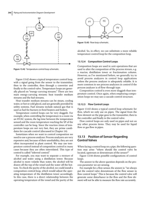 Piping and Instrumentation Diagram Development
266
Figure 13.42 shows a typical temperature control loop,
with a signal going from the sensor to the transmitter,
then to the controller, then through a converter and
finally to the control valve. Temperature loops are gener-
ally placed on “energy‐carrying streams.” There are two
main energy‐carrying streams: heat transfer medium
streams and the fuel streams.
Heat transfer medium streams can be steam, cooling
water, or hot or cold glycol, and are generally provided by
utility systems. Fuel streams include natural gas that is
used as fuel for burners in fired heaters and boilers.
Temperature control loops can be very sluggish. For
example, when controlling the temperature in a room via
an HVAC system, the lag time between the temperature
sensed and the room temperature reaching the SP of the
controller can be long. Since the reaction times of tem-
perature loops are not very fast, they are prime candi-
dates for cascade control (discussed in Chapter 14).
Sometimes when we want to control composition we
need to use a process analyzer. Process analyzers are very
expensive and, because of their unreliability, they are not
often incorporated in plant control. We may use tem-
perature control instead of composition control in many
cases because they are often interrelated. This type of
control is called “inferred control.”
For example, you may want to separate a mixture of
alcohol and water using a distillation tower. Because
alcohol is more volatile than water, the alcohol will be
drawn off the top of the vessel and the water off the bot-
tom. To check the purity of the alcohol, we could install a
composition control loop, which would adjust the oper-
ating temperature of the distillation tower accordingly.
In this case, there is a direct relationship between the
operating temperature of the vessel and the purity of the
alcohol. So, in effect, we can substitute a more reliable
temperature control loop for the composition loop.
13.12.4 Composition Control Loops
Composition loops are used in unit operations that are
used to alter the composition of the process stream, e.g.
a reactor, distillation tower or fractionation column.
However, as I’ve mentioned before, we generally try to
avoid process analyzers in control loop applications
unless the process analyzer is adequately reliable. It is
more common to see process analyzers in control if the
process analyzer is of flow‐through type.
Composition control is even more sluggish than tem-
perature control. Once again, when employing compo-
sition loops we may use a cascade control structure.
13.12.5 Flow Control Loops
Figure 13.43 shows a typical control loop schematic for
flow, which we only use on pipes. The signal from the
flow element on the pipe goes to the transmitter, then to
the controller and finally to the control valve.
Flow control loops are only used on pipes and not on
any other process items. They may be used for liquid
flow or gas flow in pipes.
13.13 ­
Position of Sensor Regarding
Control Valves
When facing a control loop on a pipe, the following ques-
tion may arise: “where should the control valve be
located, upstream or downstream of the sensor?”
Figure 13.44 shows possible configurations of control
loops.
The answer to the above question depends on the pro-
cess parameter we are sensing.
For example for a flow sensor, the answer is: “we always
put the control valve downstream of the flow sensor in
flow control loops.” This is because the control valve will
generate some disturbance in the flow and the flow ele-
ment will not be able to measure the flow rate accurately.
SP
I/P
TC
100
TY
100
TV
100
TT
100
Figure 13.42 Temperature control loop schematic.
FC
FT
FV
Figure 13.43 Flow loop schematic.
 