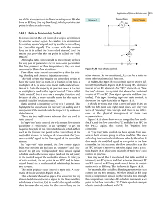 Application of Control Architectures 279
we add in a temperature‐to‐flow cascade system. We also
have an FF loop (the top flow loop), which provides a set
point for the cascade system.
14.8.1 Ratio or Relationship Control
In ratio control, the set point of a loop is determined
by another sensor signal. Be careful: it is determined
by another sensor’s signal, not by another control loop
(or controller signal). The stream with the control
loop on it is called the “controlled stream,” and the
steam that provides the set point is called the “wild
stream.”
Although a ratio control could be theoretically defined
for any pair of parameters (even non‐same parameters
like flow pressure, or flow temperature), they are most
common for flow–flow situations.
Flow–flow ratio controls are used very often for mix-
ing, blending and chemical injection systems.
The wild stream may require the controlled stream to
have the same flow as itself, or a fraction of its flow, a
multiplier of it, or some non‐linear mathematical func-
tion of it. As in the majority of practical cases, a fraction
or multiplier is used in this type of control. This is called
“ratio control,” but it may use a complex function and,
because of this, a more suitable name for this type of
control could be “relation control.”
Ratio control is inherently a type of FF control. This
highlights the importance (or necessity) of adding an FB
component if the control could be impacted by unknown
disturbances.
There are two well‐known schemes that are used in
ratio control.
In “type‐one” ratio control, the wild stream flow sensor
parameter is “processed” in an “operator” to get the
required flow rate in the controlled stream, which is then
used as the (remote) set point in the control loop of the
controlled stream. In this type of ratio control, the “pro-
cess variable” signal is the flow signal of the controlled
stream.
In “type‐two” ratio control, the flow sensor signals
from two streams are fed into an “operator” and “pro-
cessed” to get one “compounded” flow sensor signal,
which is used as the sensor signal (and not the set point)
in the control loop of the controlled stream. In this type
of ratio control, the set point is an MSP and is deter-
mined based on a mathematical relationship between
two streams.
The most popular ratio control is type one. A sche-
matic of this is shown in Figure 14.15.
This schematic shows two pipes. The sensor on the top
stream (wild stream) sends a signal to the flow modifier,
which uses a function, f(x), to modify the signal and this
then becomes the set point for the control loop on the
other stream. As we mentioned, f(x) can be a ratio or
some other mathematical function.
In PIDs, this type of ratio control can be shown dif-
ferently from that in Figure 14.15 by using FFC elements
instead of an FC element. An “FFC” element, or “flow
fraction” element, is a symbol that shows the combined
version of FY and FC (flow signal operator and flow con-
troller). This type, showing type‐one ratio control, is
shown on the right‐hand side of Figure 14.16.
It should be noted that what is seen in Figure 14.16, on
both the left‐hand and right‐hand sides, are only two
ways of “showing” this concept, and there is no differ-
ence in the physical arrangement of these two
representations.
Figure 14.16 shows how we can merge the flow modi-
fier, FY, and the flow controller, FC, and label it as FFC on
the PID. Again, this stands for “fraction flow
controller.”
In “type‐two” ratio control, we have signals from sen-
sors on both streams going to a flow modifier. This uses
a dividing function to divide the one value by the other. It
then sends the modified signal as a set point to the flow
controller. In this instance, the flow controller acts like
an FFC because it receives a set point signal that is a frac-
tion. Figure 14.17 shows one example of “type‐two” ratio
control in practice.
You may recall that I mentioned that ratio control is
inherently am FF system, and that, when we discussed FF
and FB control, an FF loop works much better in combi-
nation with an FB loop. This is shown in Figure 14.18.
For example, this could be a blending system with ratio
control on the two streams. We then install an FB loop
from a composition sensor on the blended line through
the composition controller, AC, which in turn sends a set
point to the flow controller, FC. This is a perfect example
of ratio control combined with FB.
Scheme 1 More Popular
Desired Ratio
f(x)
FY
FC
RSP
Figure 14.15 Role of ratio control.
 