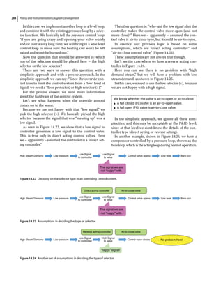 Piping and Instrumentation Diagram Development
284
In this case, we implement another loop as a level loop,
and combine it with the existing pressure loop by a selec-
tor function. We basically tell the pressure control loop:
“if you are going crazy and opening your valve widely
and/or over a very long time, we will bring in a wise level
control loop to make sure the heating coil won’t be left
naked and won’t be burned out.”
Now the question that should be answered is: which
one of the selectors should be placed here – the high
selector or the low selector?
There are two ways to answer this question: with a
simplistic approach and with a precise approach. In the
simplistic approach we can say: “Since the override con-
trol tries to limit the control system from a ‘low’ level of
liquid, we need a ‘floor protector,’ or high selector ().”
For the precise answer, we need more information
about the hardware of the control system.
Let’s see what happens when the override control
comes on to the scene.
Because we are not happy with that “low signal,” we
pick the high selector (). We basically picked the high
selector because the signal that was “messing up” was a
low signal.
As seen in Figure 14.22, we show that a low signal to
controller generates a low signal to the control valve.
This is true only in direct acting control valves. Here
we – apparently –assumed the controller is a “direct act-
ing controller.”
The other question is: “who said the low signal after the
controller makes the control valve more open (and not
more close)?” Here we – apparently – assumed the con-
trol valve is air‐to‐close type, but it could be air‐to‐open.
In essence, our previous logic is based on some
assumptions, which are “direct acting controller” and
“air‐to‐close control valve” (Figure 14.23).
These assumptions are not always true though.
Let’s see the case where we have a reverse acting con-
troller in Figure 14.24.
Here you can see there is no problem with “high
demand steam,” but we will have a problem with low
steam demand, as shown in Figure 14.25.
In this case, we need to use the low selector (), because
we are not happy with a high signal.
In the simplistic approach, we ignore all these com-
plexities, and this may be acceptable at the PID level,
since at that level we don’t know the details of the con-
troller type (direct acting or reverse acting).
In another example, shown in Figure 14.26, we have a
compressor controlled by a pressure loop, shown as the
blueloop,whichistheactingloopduringnormaloperation.
Low pressure
Low Signal
to controlller
Low Signal
to valve
Control valve opens Low level Bare coil
High Steam Demand
The signal we are
not “happy” with.
Figure 14.22 Deciding on the selector type in an overriding control system.
Low pressure
Low Signal
to controlller
Low Signal
to valve
Control valve opens Low level Bare coil
High Steam Demand
The signal we are
not “happy” with.
Air-to-close valve
Direct acting controller
Figure 14.23 Assumptions in deciding the type of selector.
Low pressure
Low Signal
to controlller
High Signal
to valve
Control valve closes Low level Bare coil
High Steam Demand
“happy” signal!
Air-to-close valve
Reverse acting controller
No problem here!
Figure 14.24 Another set of assumptions in deciding the type of selector.
We know whether the valve is air‐to‐open or air‐to‐close.
●
● A fail closed (FC) valve is an air‐to‐open valve.
●
● A fail open (FO) valve is air‐to‐close valve.
 