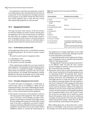Piping and Instrumentation Diagram Development
302
It is important to note that some tanks have a dual (or
even triple) purpose, like a day tank that also functions as
a surge tank. So, if at some point it is no longer necessary
for one purpose, it may still be vital for the other. Process
and control engineers have to take this into account
when optimizing equipment in a process plant.
15.5 ­Equipment Control
This topic has three main sections. In the first section,
we will learn whether we need to control a specific piece
of equipment at all. In the second section, we will learn
the main ideas for creating a control system around a
piece of equipment (if the answer to the first question is
yes). In the third and last section, we will learn about a
general control system for common process elements.
15.5.1 Do We Need to Control at All?
At the beginning of this section, we should ask ourselves
the following question: “do we need to control a system
at all?”
We need to control a piece of equipment when:
1) A disturbance exists
2) The disturbance is not tolerable
3) The system is not self‐controlled.
These requirements actually force us to put control on
most equipment. The first feature is almost always present,
since we live in a world full of changes. A disturbance is
almost always not tolerable, except for in the case of a few
process elements. For example, level disturbance could be
tolerable for big tank, but possibly not for small vessels.
Process items are almost always non‐self‐regulated.
15.5.2 Principles of Equipment‐wise Control
To control each piece of equipment, a control loop, or
control loops, need to be installed to satisfy the two
requirements below. The result of addressing the require-
ments below could be the requirement to install one, two,
three, or more control loops around the equipment.
1) Placing the control loop on the parameter which is
the main purpose of the equipment. This is self‐explan-
atory. If you have a heat exchanger, you place a tem-
perature control loop on the pipe of the target stream.
If you’re dealing with a pump, you install a flow control
loop. If you have a compressor, you need to install a
pressure control loop, although sometimes we prefer to
install flow control; these two are inter‐related. With a
distillation column or a reactor, the whole purpose of
the equipment is to change composition, so you could
install composition control loops, although we prefer
to avoid composition control loops.
A control loop based on this requirement brings a
piece of equipment onto its intended operating point
within its “operating window.”
Recognizing the “main process purpose parameter”
is not difficult; Table 15.4 lists the most common
pieces of equipment and their “main process param-
eter” that needs to be controlled.
2) Placing the control loop on other parameters and/or
other streams’ parameters to bring the equipment into
its “operating window.” We generally don’t install a
control loop for every single parameter (temperature,
pressure, level, flow, and composition), nor on both
ends (high and low) to make sure that the unit oper-
ates within its operating window. We only install con-
trol on the “weak point” of the equipment if the risk of
reaching that weak point is high. “Weak point” here
means a process parameter related to the equipment,
whereby if a process stream reaches that point there is
a chance of a process upset or of losing the equipment
due to equipment failure. If the risk of such a condi-
tion is low, you may decide not to install any control
loop for this purpose. If the risk of such a condition is
very high, you may decide to leave this duty to the SIS
(safety instrumented system), rather than the BPCS,
and not install any control loop for this purpose.
When talking about risk, we know that risk is a multi-
plication of “probability” and “severity of consequence”.
For example, we need to decide if a pump needs a control
Table 15.4 Parameter of the main purpose for different
equipment.
Process element Parameter to be controlled
●
● Tanks
●
● (Liquid) non‐flooded
vessels
Level
●
● Gas vessels
●
● (Liquid) flooded vessels
Pressure
●
● Pumps
●
● Compressors
●
● Fans
●
● Blowers
Flow rate or discharge pressure
●
● Heat exchanger
●
● Furnaces or boilers
Temperature of target stream
●
● Unit operations
●
● Unit processes
Composition of discharge stream,
or preferably “inferred” parameters
plus
Container control system (refer to
tank or vessel control in this table)
 