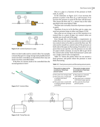 Plant Process Control 305
where we don’t really need to control a flow. For example,
a stream that goes to a large storage tank possibly doesn’t
need to be flow controlled; an intermittent flow may not
need to be flow controlled either.
If the flow of a stream needs to be controlled then the
second question is how?
Flow in a pipe is a function of the pressure at both
ends, PA and PB.
In the schematic in Figure 15.17, if we increase the
pressure at point A the flow (FA‐B) will increase; if we
increase the pressure at point B the flow will decrease.
This means the flow rate, FA‐B, doesn’t stay at the value
specified in the mass balance table.
The flow rate is actually a function of pressure at points
A and B.
Therefore, if you try to fix the flow rate in a pipe, you
need two pressure loops at either end (Figure 15.18).
Here what we are trying to say is if the intention is to
control flow in a piece of pipe, two control valves are
needed; one at each end of the pipe!
Even though this is theoretically a requirement, in
reality there are not many cases where we need to install
two control valves to be able to control the flow rate. We
only need to install two control valves if the pressures at
both ends of the pipe are fluctuating. If somehow we can
prove that in one specific case the pressure on one side
of a pipe is fairly constant, we may be able to get rid of
the control valve at that “fairly fixed pressure” point and
use a single control valve arrangement.
Table 15.7 shows the points where we can assume a
fixed pressure, and points where the pressure is most
likely fluctuating.
Option A
Option B
PC PT
PE
PT PC
PE
Figure 15.16 Control of pressure in a pipe.
PA
FA-B
FB
Figure 15.17 Control of flow.
PC PC
Figure 15.18 “Fixing”flow rate.
Table 15.7 Fixed pressure points and fluctuating pressure points.
These points on pipes can be
considered as“fairly fixed
pressure”points
These points on pipes cannot
be considered as“fairly fixed
pressure”points
●
● Flow point near storage tanks
●
● Flow point near a vessel with
a constant level (level
controlled)
●
● Flow point near a vessel with
a constant pressure (pressure
controlled)
●
● Flow point on a network
with multiple users
●
● Flow point near a container
with limited surge capacity
●
● Flow point far from fixed
pressure points
 