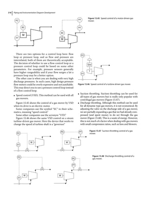 Piping and Instrumentation Diagram Development
318
There are two options for a control loop here: flow
loop or pressure loop, and as flow and pressure are
interrelated, both of them are theoretically acceptable.
The decision of whether to use a flow control loop or a
pressure control loop could be based on some other
parameters. For example, pressure sensors generally
have higher rangeability and if your flow surges a lot a
pressure loop may be a better option.
The other case is when you are dealing with very high
discharge pressures. In such cases, high design pressure
flow meters could be overly expensive and not justifiable.
This may direct you to use a pressure control loop instead
of a flow control loop.
●
● Speed control (VSD). This method can be used with all
gas movers.
Figure 15.45 shows the control of a gas mover by VSD
when its drive is an electric motor.
Some companies use the symbol “SC” in their sche-
matics, meaning “speed control.”
Some other companies use the acronym “VFD.”
Figure 15.46 shows the same VSD control on a steam
turbine‐driven gas mover. Here the device that works to
change the speed of turbine shaft is a “governor.”
●
● Suction throttling. Suction throttling can be used for
all types of gas movers but is really only popular with
centrifugal gas movers (Figure 15.47).
●
● Discharge throttling. Although this method can be used
for all dynamic type gas movers, it is not economical. By
adjusting the valve on the discharge side of a gas mover,
we are partially expanding a gas that we had already com-
pressed (and spent money to do so) through the gas
mover (Figure 15.48). This is a waste of energy. However,
this is not much of a factor when dealing with gas movers
with small compression ratios, such as fans and blowers.
FC
SC
SC
PT
PT
FT
M
M
Figure 15.45 Speed control of a motor‐driven gas
mover.
T
FT
FC
Gov
Figure 15.46 Speed control of a turbine‐driven gas mover.
M
FT
FC
PT
PC
M
Figure 15.47 Suction‐throttling control of a gas
mover.
M
FT
FC
PT
PC
M
Figure 15.48 Discharge‐throttling control of a
gas mover.
 