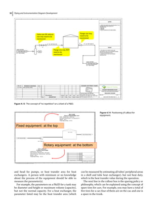 Piping and Instrumentation Diagram Development
30
and head for pumps, or heat transfer area for heat
exchangers. A person with minimum or no knowledge
about the process of the equipment should be able to
measure the parameter(s).
For example, the parameters on a PID for a tank may
be diameter and height or maximum volume (capacity),
but not the normal capacity. For a heat exchanger, the
parameter listed may be the heat transfer area (which
can be measured by estimating all tubes’ peripheral areas
in a shell and tube heat exchanger), but not heat duty,
which is the heat transfer value during the operation.
The next line in the callout box is the sparing policy or
philosophy, which can be explained using the concept of
spare tires for cars. For example, you may have a total of
five tires for a car; four of them are on the car, and one is
a spare in the trunk.
Figure 4.13 The concept of“no repetition”on a sheet of a PID.
Figure 4.14 Positioning of callout for
equipment.
 