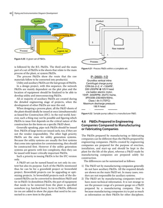 Piping and Instrumentation Diagram Development
42
is followed by the B/L PIDs. The third and the main
part of a set of PIDs is the sheets that relate to the main
process of the plant, or system PIDs.
The process PIDs show the route that the raw
materials follow to be converted into product(s).
Utility and auxiliary PIDs are the last groups of PIDs.
In a design project, with this sequence, the network
PIDs are mainly dependent on the plot plan and the
location of equipment should be finalized to be able to
develop utility and interconnecting PIDs.
All or majority of auxiliary PIDs are created during
the detailed engineering stage of projects, when the
development of other PIDs are near the end.
When designing a process plant, all the PID sheets of
the plant should ideally be issued at once (simultaneously)
as Issued for Construction (IFC). In the real world, how-
ever, such a thing may not be possible and figuring which
PIDs to issue first depends on the critical nature of the
construction for the items on a specific PID sheet.
Generally speaking, pipe rack PIDs should be issued
first. PIDs of large items are issued early, too, if they are
not the vendor responsibility. The other high priority
PIDs are the ones for utility generation systems.
Because the utility systems are usually the first systems
that come into operation for commissioning, they should
be constructed first. However if the utility generation
systems are generic with low complexity, then they can
be issued with lesser critically important PIDs.
Such a priority in issuing PIDs is for the IFC version
only.
A PID set can be named based on not only its con-
tent but also its purpose. Each of the PIDs mentioned
thus far can be for a greenfield project or brownfield
project. Brownfield projects can be upgrading or opti-
mizing projects. In brownfield projects each of the dis-
cussed PIDs can be converted to demolition PID and
tie‐in PID. In demolition PIDs, the part of equipment
that needs to be removed from the plant is specified
somehow (e.g. hatched lines). In tie‐in PIDs, different
tie‐ins are added to show the pipes that need to be con-
nected to a new item in the plant.
4.6 ­
PIDs Prepared in Engineering
Companies Compared to Manufacturing
or Fabricating Companies
The PIDs prepared by manufacturing or fabricating
companies can be different than the PIDs prepared by
engineering companies. PIDs created by engineering
companies are prepared for the purpose of erection,
installation, and start‐up and should be kept in the
plant for the life of the plant, whereas a PID made by
manufacturing companies are prepared solely for
construction.
The differences can be summarized as follows:
1) The PID set by manufacturing companies generally
do not have auxiliary PIDs. All the required details
are shown on the main PID set. In many cases, ven-
dors are not responsible for auxiliary systems.
2) The PID set by manufacturing companies tend to
have more technical information. It is not strange to
see the pressure range of a pressure gauge on a PID
prepared by a manufacturing company. This is
because manufacturing companies try to put as much
as information on their PIDs for other disciplines.
Auxiliary
Utility
Interconnecting, B/L
Process Legend, list
Figure 4.30 A given set of PIDs.
Product
Raw material
Process
5
1
Figure 4.31 Process PIDs within a complete set.
P–2600–1/2
Grundfos vertical inline
Centrifugal charge pump
CRN 64–2–2, 4″–150#RF,
339 USGPM 125 ft head
c/w baldor electric motor,
15HP, 3450RPM, 254TC frame,
3PH/208–230/460V/60Hz,
Class I div II (TEFC)
Maximum discharge pressure:
190 ft head
O
Figure 4.32 Sample pump callout in a manufacturer PID.
 
