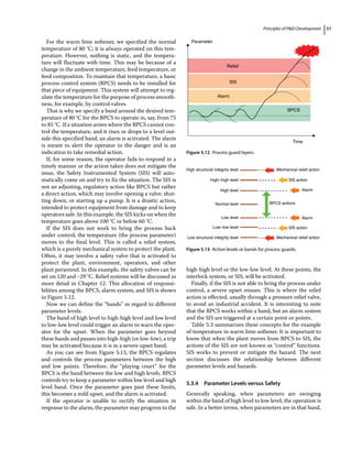 Principles of PID Development 51
For the warm lime softener, we specified the normal
temperature of 80 °C; it is always operated on this tem-
perature. However, nothing is static, and the tempera-
ture will fluctuate with time. This may be because of a
change in the ambient temperature, feed temperature, or
feed composition. To maintain that temperature, a basic
process control system (BPCS) needs to be installed for
that piece of equipment. This system will attempt to reg-
ulate the temperature for the purpose of process smooth-
ness, for example, by control valves.
That is why we specify a band around the desired tem-
perature of 80 °C for the BPCS to operate in, say, from 75
to 85 °C. If a situation arises where the BPCS cannot con-
trol the temperature, and it rises or drops to a level out-
side this specified band, an alarm is activated. The alarm
is meant to alert the operator to the danger and is an
indication to take remedial action.
If, for some reason, the operator fails to respond in a
timely manner or the action taken does not mitigate the
issue, the Safety Instrumented System (SIS) will auto-
matically come on and try to fix the situation. The SIS is
not an adjusting, regulatory action like BPCS but rather
a direct action, which may involve opening a valve, shut-
ting down, or starting up a pump. It is a drastic action,
intended to protect equipment from damage and to keep
operators safe. In this example, the SIS kicks on when the
temperature goes above 100 °C or below 60 °C.
If the SIS does not work to bring the process back
under control, the temperature (the process parameter)
moves to the final level. This is called a relief system,
which is a purely mechanical system to protect the plant.
Often, it may involve a safety valve that is activated to
protect the plant, environment, operators, and other
plant personnel. In this example, the safety valves can be
set on 120 and−29 °C. Relief systems will be discussed in
more detail in Chapter 12. This allocation of responsi-
bilities among the BPCS, alarm system, and SIS is shown
in Figure 5.12.
Now we can define the “bands” in regard to different
parameter levels.
The band of high level to high‐high level and low level
to low‐low level could trigger an alarm to warn the oper-
ator for the upset. When the parameter goes beyond
these bands and passes into high‐high (or low‐low), a trip
may be activated because it is in a severe upset band.
As you can see from Figure 5.13, the BPCS regulates
and controls the process parameters between the high
and low points. Therefore, the “playing court” for the
BPCS is the band between the low and high levels. BPCS
controls try to keep a parameter within low level and high
level band. Once the parameter goes past these limits,
this becomes a mild upset, and the alarm is activated.
If the operator is unable to rectify the situation in
response to the alarm, the parameter may progress to the
high‐high level or the low‐low level. At these points, the
interlock system, or SIS, will be activated.
Finally, if the SIS is not able to bring the process under
control, a severe upset ensues. This is where the relief
action is effected, usually through a pressure relief valve,
to avoid an industrial accident. It is interesting to note
that the BPCS works within a band, but an alarm system
and the SIS are triggered at a certain point or points.
Table 5.3 summarizes these concepts for the example
of temperature in warm lime softener. It is important to
know that when the plant moves from BPCS to SIS, the
actions of the SIS are not known as “control” functions.
SIS works to prevent or mitigate the hazard. The next
section discusses the relationship between different
parameter levels and hazards.
5.3.4 Parameter Levels versus Safety
Generally speaking, when parameters are swinging
within the band of high level to low level, the operation is
safe. In a better terms, when parameters are in that band,
Parameter
Relief
SlS
Alarm
BPCS
Time
Figure 5.12 Process guard layers.
High structural integrity level Mechanical relief action
Mechanical relief action
SlS action
SlS action
Alarm
Alarm
BPCS actions
High–high level
High level
Normal level
Low level
Low–low level
Low structural integrity level
Figure 5.13 Action levels or bands for process guards.
 