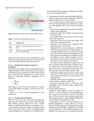 Piping and Instrumentation Diagram Development
56
composed of pipe circuits, which inherently have long
TDR, and instruments (control valves and sensors) have
intrinsically large TDR generally better than 20:1.
5.4.2.1.3 Flexibility of Control Valves and Sensors:
Rangeability
Instruments have a higher level of responsibility than the
equipment and the utility network because their duty is
not limited to normal operation or a band of low to high
levels. They have to be operational in a wider band of
low‐low to high‐high. Therefore, rangeability can be
defined as:
R
Q
Q
Hi Hi
LoLo
where QHi Hi is flow rate of an instrument or control
valve in high‐high level and QLo Lo is the flow rate in low‐
low level.
Table 5.7 is a table of typical rangeability of some
instruments.
5.4.2.1.4 Providing Required Flexibility
There are three main ways that specific flexibility for
plant items can be given: by using items with inherently
high flexibility, placing similar items with a smaller
capacity in parallel, and providing a recirculation route.
One example of using recirculation to provide enough
TDR is the minimum flow line for centrifugal pumps.
Using multiple pieces of equipment in a parallel series to
provide enough TDR is popular in designing sand filters
in the water treatment industry.
1) Using equipment that has inherently higher flexibility.
There are some process elements that have inherently
higher flexibility such as tanks and pipes.
It is not always easy to recognize if a piece of equip-
ment has inherently high or low TDR; however, there
are some guidelines that can be used to determine
this:
–
– Small volume equipment have a slimmer TDR than
larger volume equipment
–
– Equipment with internal baffles (compartmented)
have lower TDR.
An example of this is some gravity separators such
as oil–water separators.
–
– Equipment in gas services may show higher TDR
than the ones in liquid services.
–
– Equipment with internal weir (especially fixed
ones) may have very low TDR.
–
– Equipment that uses some properties of inflow for
its functioning may have lower TDR. Examples are
a cyclone and hydrocyclone. In cyclones, the energy
of the flow is used to generate centrifugal force; less
flow causes less centrifugal force and that may cause
an ineffective system. Another example is conven-
tional burners; the lower fuel to a burner may cause
short flame or even back fire in the burner.
The utility network should have a large TDR, and
they are mainly comprised of pipes in different sizes.
If a control valve is necessary in the network, some-
times it may need to have parallel control valves with
split control because of the large required TDR.
–
– Equipment containing loose porous media may
show lower TDR in liquid services. And the TDR
may be lower when the porous media is built with
larger particles.
Examples of these types of equipment are sand fil-
tration, catalyst contactors, and the like.
Instruments generally have an inherently high
rangeability, which satisfies the plant requirements
most of the time.
2) Using parallel equipment.
Instead of using equipment with the capacity of
100m3
h−1
, use an arrangement of two parallel equip-
ment each with the capacity of 50m3
h−1
By doing
this, a TDR of at least 2:1 can be used (at least because
the equipment may have inherent RDR capability that
may be added to the provided 2:1 TDR).
By using three, 33m3
h−1
pieces of equipment in a
parallel arrangement, a better TDR of 3:1 can be
achieved. This technique has other benefits; the parallel
arrangement provides higher availability for the system
because losing two or three parallel equipment is less
probable that losing just one. Instruments generally
Low turndown ratio
High turndown ratio
Figure 5.18 Map of turndown ratio for a typical utility network.
Table 5.7 Turndown ratio of selected instruments.
Item Turndown ratio
Flow
meter
Depends on type and between 3:1 to 50:1 and
more.
Control
valve
Depends on type and the characteristics, generally
50:1, and less than 100:1
 