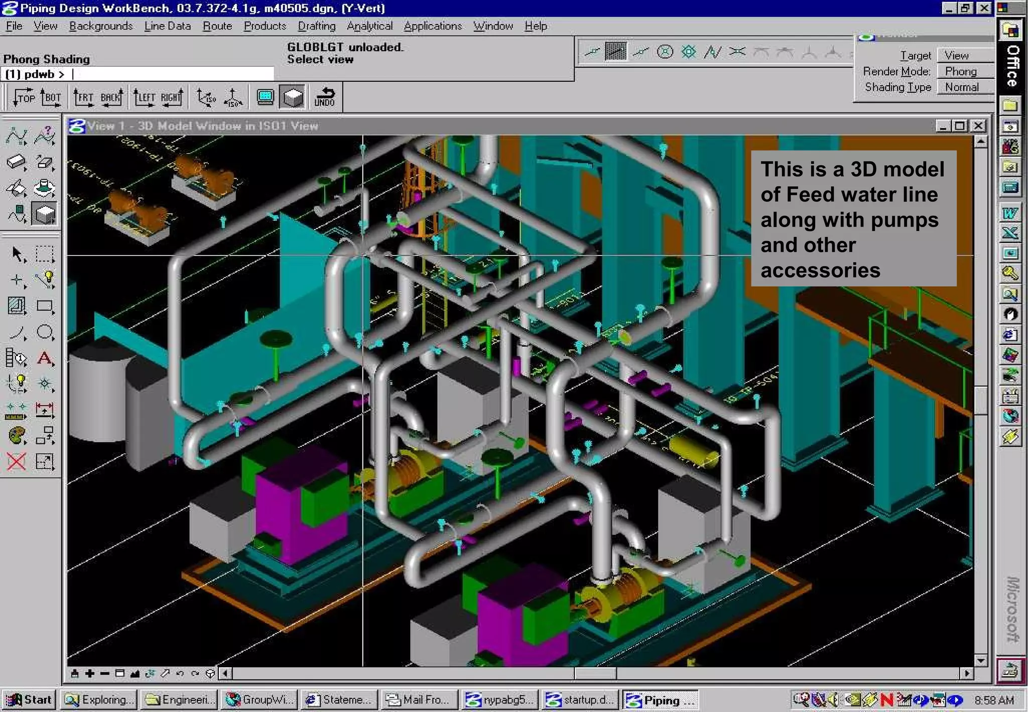 Let us have a look into a piping model done by PDS 3D
This is a 3D model
of Feed water line
along with pumps
and other
accessories
 