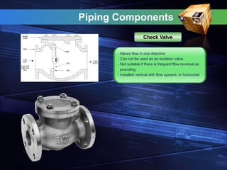 Piping Components
- Allows flow in one direction
- Can not be used as an isolation valve
- Not suitable if there is frequent flow reversal as
pounding
- Installed vertical with flow upward, or horizontal
Check Valve
 