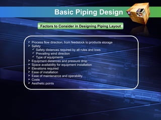 Basic Piping Design
Factors to Consider in Designing Piping Layout
 Process flow direction; from feedstock to products storage
 Safety
 Safety distances required by all rules and lows
 Prevailing wind direction
 Type of equipments
 Equipment distances and pressure drop
 Space availability for equipment installation
 Elevations required
 Ease of installation
 Ease of maintenance and operability
 Costs
 Aesthetic points
 