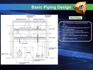 Basic Piping Design
 Place utility piping on upper lever of double-
deck
pipe racks
 Locate large liquid-filled piping near columns to
reduce bending stress
 Allow space for future piping system
 Place electrical and instrument cable trays on
outriggers or brackets
 Maintain minimum clearance under the pipe
rack
sufficient for mobile cranes
 Etc.
Rack Piping
 
