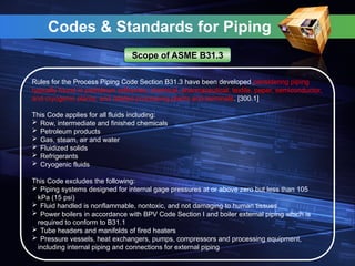 Codes & Standards for Piping
Scope of ASME B31.3
Rules for the Process Piping Code Section B31.3 have been developed considering piping
typically found in petroleum refineries; chemical, pharmaceutical, textile, paper, semiconductor,
and cryogenic plants; and related processing plants and terminals. [300.1]
This Code applies for all fluids including:
 Row, intermediate and finished chemicals
 Petroleum products
 Gas, steam, air and water
 Fluidized solids
 Refrigerants
 Cryogenic fluids
This Code excludes the following:
 Piping systems designed for internal gage pressures at or above zero but less than 105
kPa (15 psi)
 Fluid handled is nonflammable, nontoxic, and not damaging to human tissues
 Power boilers in accordance with BPV Code Section I and boiler external piping which is
required to conform to B31.1
 Tube headers and manifolds of fired heaters
 Pressure vessels, heat exchangers, pumps, compressors and processing equipment,
including internal piping and connections for external piping
 