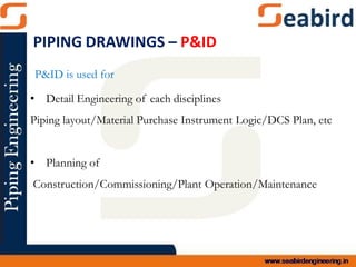 P&ID is used for
• Detail Engineering of each disciplines
Piping layout/Material Purchase Instrument Logic/DCS Plan, etc
• Planning of
Construction/Commissioning/Plant Operation/Maintenance
PIPING DRAWINGS – P&ID
 