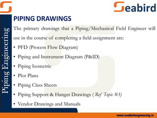 PIPING DRAWINGS
The primary drawings that a Piping/Mechanical Field Engineer will
use in the course of completing a field assignment are:
• PFD (Process Flow Diagram)
• Piping and Instrument Diagram (P&ID)
• Piping Isometric
• Plot Plans
• Piping Class Sheets
• Piping Support & Hanger Drawings ( Ref Topic #3)
• Vendor Drawings and Manuals
 