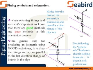 Fitting symbols and orientation:
 when orienting fittings and
valves it’s important to know
that there are good methods
and poor methods in this
orientation process
 the general rule for
producing an isometric using
GOOD techniques, is to draw
the fittings so they are parallel
to the last direction change or
branch in the pipe
Not following
the “general
rule” leads to a
chaotic looking
isometric … it
doesn’t look
professional
Notice how the
flow of the
isometric is
continuous and
provides a clear
picture of the
pipe run
 