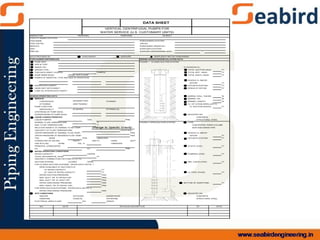 ISSUED FOR: PROPOSAL PURCHASE AS BUILT
FACILITY NAME/LOCATION:
ITEM NAME: PURCHASER/LOCATION:
ITEM TAG NO.: JOB NO:
SERVICE: PURCHASER ORDER NO.:
UNIT: SUPPLIER/LOCATION:
P&ID NO.: SUPPLIER ORDER/SERIAL NOS.: /
DATA PROVIDED BY: PURCHASER SUPPLIER u SUPPLIER IF NOT BY PURCHASER
PURCHASERS REFERENCES DESIGN OPERATING/INSTALLATION DATA
PUMP MFR: FIGURE 1 CLOSED SUCTION SYSTEM
SIZE & TYPE:
SERIAL NO.: AT NOZZLES CL:
DRIVER TYPE: TOTAL SUCTION HEAD: FT
THIS DATA SHEET COVERS: PUMP(S) TOTAL DIFF. HEAD: FT
PUMP MARK NO(S).: TOTAL DISCH. HEAD: FT
PUMPS OF IDENTICAL TYPE AND SIZE IN OPERATION:
NOZZLE CL ABOVE
DATUM: FT
DRIVER DATA SHEET: DATUM ELEVATION: FT
GEAR UNIT DATA SHEET: NPSHA AT DATUM: FT
LUBE OIL SYSTEM DATA SHEET:
DESIGN OPERATING DATA BARREL WALL THICKN: IN
SERVICE BARREL OD: IN
CONTINUOUS INTERMITTENT STANDBY BARREL LENGTH: IN
ATTENDED UNATTENDED CL 1ST STAGE IMPELLER TO
PUMP FUNCTION: CL SUCTION NOZZLE: FT
INDIVIDUALLY IN SERIES IN PARALLEL
UPSTREAM OF PUMP NO(S).
DOWNSTREAM OF PUMP NO(S). MOUNTED ON:
LIQUID CHARACTERISTICS CONCRETE
LIQUID PUMPED: TDS: PPM STRUCTURAL STEEL
NORMAL FLOW TEMPERATURE: °F FIGURE 2 OPEN SUCTION SYSTEM TYPE:
MAX. FLOW TEMPERATURE: °F CONCENTRIC RISER COLUMN
RELATIVE DENSITY AT NORMAL FLOW TEMP.: SIDE DISCHARGE PIPE
VISCOSITY AT FLOW TEMPERATURE: CS/CP/SSU
VAPOR PRESSURE AT NORMAL FLOW TEMP.: PSIA NOZZLE CL ABOVE
VAPOR PRESSURE AT MAXIMUM FLOW TEMP.: PSIA DATUM: FT
TSS: NONE PPM UNKNOWN DATUM ELEVATION: FT
CHARACTER OF SOLIDS: PULPY GRITTY HARD SOFT
GAS IN FLUID: NONE VOL. % UNKNOWN
PRINCIPAL CORROSIVES: STATIC LEVEL: FT
PH: CL: PPM
RATED OPERATING CONDITIONS
RATED CAPACITY: USGPM PUMPING LEVEL: FT
TOTAL DIFFERENTIAL HEAD: FT
VISCOSITY CORRECTION FACTORS CQ; CH; CE:
SUCTION SYSTEM: CLOSED OPEN MIN. LIQUID LEVEL: FT
FOR CLOSED SUCTION SYSTEMS: ENTER DATA ON FIG. 1
NPSH AVAILABLE AT SUCTION FLG.:
AT RATED CAPACITY: FT
AT 120% OF RATED CAPACITY: FT CL FIRST STAGE: FT
RATED SUCTION PRESSURE: PSIA
MAX. SUCT. PR. AT RATED CAP: PSIA
MAX. SUCT. PR. AT SHUT OFF: PSIA
RATED DISCHARGE PRESSURE: PSIA BOTTOM OF SUMP/TANK: FT
MAX. DISCH. PR. AT RATED CAP.: PSIA
FOR OPEN SUCTION SYSTEMS: ENTER DATA ON FIG. 2
RATED DISCHARGE PRESSURE: PSIA
SITE CONDITIONS MOUNTED ON:
INDOOR OUTDOOR UNDER ROOF CONCRETE
ONSHORE COASTAL OFFSHORE STRUCTURAL STEEL
ELECTRICAL AREA CLASS: DIV GROUP
NO. DATE REVISION DESCRIPTION BY APVD.
change to Specfic Gravity
change mark to asset
WATER SERVICE (U.S. CUSTOMARY UNITS)
DATA SHEET
VERTICAL CENTRIFUGAL PUMPS FOR
 