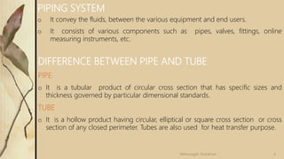 o It convey the fluids, between the various equipment and end users.
o It consists of various components such as pipes, valves, fittings, online
measuring instruments, etc.
PIPING SYSTEM
DIFFERENCE BETWEEN PIPE AND TUBE
PIPE
o It is a tubular product of circular cross section that has specific sizes and
thickness governed by particular dimensional standards.
TUBE
o It is a hollow product having circular, elliptical or square cross section or cross
section of any closed perimeter. Tubes are also used for heat transfer purpose.
4
Velmurugan Sivaraman
 