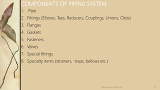 1. Pipe
2. Fittings (Elbows, Tees, Reducers, Couplings, Unions, Olets)
3. Flanges
4. Gaskets
5. Fasteners
6. Valves
7. Special fittings
8. Specialty items (strainers, traps, bellows etc.)
COMPONENTS OF PIPING SYSTEM
13Velmurugan Sivaraman
 