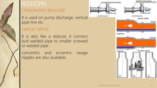 CONCENTRIC REDUCER
It is used on pump discharge, vertical
pipe line etc.
SWAGE NIPPLE
It is also like a reducer, it connect
butt welded pipe to smaller screwed
or welded pipe .
concentric and eccentric swage
nipples are also available.
REDUCERS
22Velmurugan Sivaraman
 