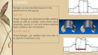 FLANGES
Flanges can be classified based on the
attachment to the piping
SLIP ON
These flanges are attached by fillet welding
inside as well as outside. Used where quick
assembly, saving in cost and where extreme
load condition are not present .
SOCKET WELD
These flanges are welded only one side. Is
is used for small bore only.
24Velmurugan Sivaraman
 
