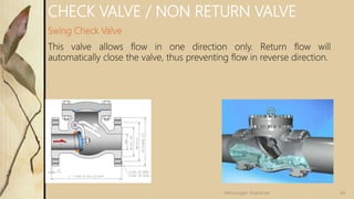 CHECK VALVE / NON RETURN VALVE
Swing Check Valve
This valve allows flow in one direction only. Return flow will
automatically close the valve, thus preventing flow in reverse direction.
44Velmurugan Sivaraman
 