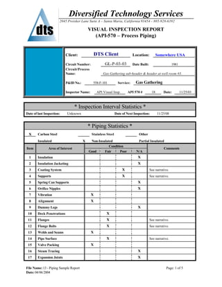Diversified Technology Services
2045 Preisker Lane Suite A – Santa Maria, California 93454 – 805-928-6392
VISUAL INSPECTION REPORT
(API-570 – Process Piping)
File Name:13 - Piping Sample Report Page: 1 of 5
Date:04/06/2004
Client: DTS Client Location: Somewhere USA
Circuit Number: GL-P-03-03 Date Built: 1981
Circuit/Process
Name: Gas Gathering sub-header & header at well room #3.
P&ID No.: 558-F-101 Service: Gas Gathering
Inspector Name: API Visual Insp. API 570 # 18 Date: 11/25/03
* Inspection Interval Statistics *
Date of last Inspection: Unknown Date of Next Inspection: 11/25/08
* Piping Statistics *
XX Carbon Steel Stainless Steel Other
Insulated XX Non-Insulated Partial Insulated
Condition
Item Area of Interest
Good Fair Poor N/A
Comments
1 Insulation XXX
2 Insulation Jacketing XXX
3 Coating System XXX See narrative.
4 Supports XXX See narrative.
5 Spring Can Supports XXX
6 Orifice Nipples XXX
7 Vibration XXX
8 Alignment XXX
9 Dummy Legs XXX
10 Deck Penetrations XXX
11 Flanges XXX See narrative.
12 Flange Bolts XXX See narrative.
13 Welds and Seams XXX
14 Pipe Surface XXX See narrative.
15 Valve Packing XXX
16 Steam Tracing XXX
17 Expansion Joints XXX
 