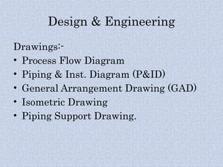 Design & Engineering
Drawings:-
• Process Flow Diagram
• Piping & Inst. Diagram (P&ID)
• General Arrangement Drawing (GAD)
• Isometric Drawing
• Piping Support Drawing.
 