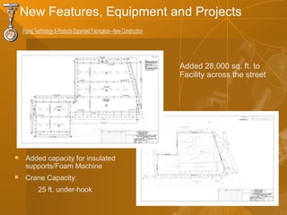 Added 28,000 sq. ft. to
Facility across the street
New Features, Equipment and Projects
Piping Technology& Products Expanded Fabrication—New Construction
 Added capacity for insulated
supports/Foam Machine
 Crane Capacity:
25 ft. under-hook
 