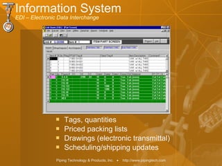 Piping Technology & Products, Inc. • http://www.pipingtech.com
Information System
EDI – Electronic Data Interchange
 Tags, quantities
 Priced packing lists
 Drawings (electronic transmittal)
 Scheduling/shipping updates
 