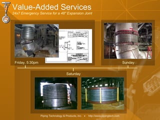 Piping Technology & Products, Inc. • http://www.pipingtech.com
Friday, 5:30pm
Saturday
Sunday
Value-Added Services
24x7 Emergency Service for a 48" Expansion Joint
 