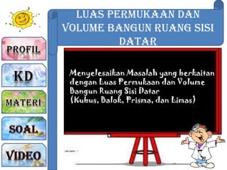 Luas Permukaan dan
Volume Bangun Ruang sisi
Datar
Menyelesaikan Masalah yang berkaitan
dengan Luas Permukaan dan Volume
Bangun Ruang Sisi Datar
(Kubus, Balok, Prisma, dan Limas)
 