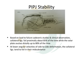 PIPJ Stability




 Based on load to failure cadeveric studies & clinical observation,
  collateral ligs. fail proximally about 85% of the time while the volar
  plate avulses distally up to 80% of the time
 At lower angular velocities of side-to-side deformation, the collateral
  ligs. tend to fail in their midsubstance
 