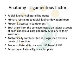 Anatomy - Ligamentous factors
 Radial & ulnar collateral ligaments
 Primary restraints to radial & ulnar deviation force
 Proper & accessory component
 Both arise from the concave fossae on lateral aspects
  of each condyle & pass obliquely & volary to their
  insertions
 Anatomically confluent but distinguished by their
  points of insertion
 Proper collateral lig. --> volar 1/3 base of MP
 Accessory collateral lig. --> volar plate
 