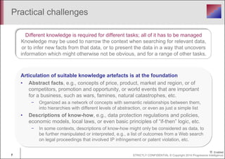 Practical challenges 
Different knowledge is required for different tasks; all of it has to be managed 
Knowledge may be used to narrow the context when searching for relevant data, 
or to infer new facts from that data, or to present the data in a way that uncovers 
information which might otherwise not be obvious, and for a range of other tasks. 
Articulation of suitable knowledge artefacts is at the foundation 
• Abstract facts, e.g., concepts of price, product, market and region, or of 
competitors, promotion and opportunity, or world events that are important 
for a business, such as wars, famines, natural catastrophes, etc. 
− Organized as a network of concepts with semantic relationships between them, 
into hierarchies with different levels of abstraction, or even as just a simple list 
• Descriptions of know-how, e.g., data protection regulations and policies, 
economic models, local laws, or even basic principles of “if-then” logic, etc. 
− In some contexts, descriptions of know-how might only be considered as data, to 
be further manipulated or interpreted, e.g., a list of outcomes from a Web search 
on legal proceedings that involved IP infringement or patent violation, etc. 
7 STRICTLY CONFIDENTIAL © Copyright 2014 Progressive Intelligence 
 